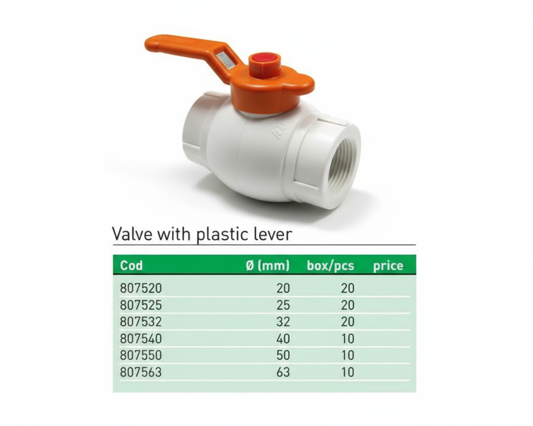 Փական պոլիպրոպիլենային գնդավոր բռնակով 20 մմ սպիտակ Plastofer-807520, 25 մմ սպիտակ Plastofer-807525, 32 մմ սպիտակ Plastofer-807532