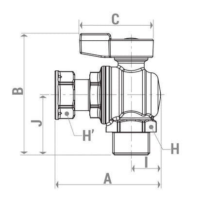 Փական գնդավոր դրոշակ-բռնակով մանեկով արտաքին և ներքին պարուրակով անկյունային 1/2" Giacomini-R780PX013,  3/4" Giacomini-R780PX014