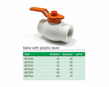 Փական պոլիպրոպիլենային գնդավոր բռնակով 20 մմ սպիտակ Plastofer-807520, 25 մմ սպիտակ Plastofer-807525,  32 մմ սպիտակ Plastofer-807532